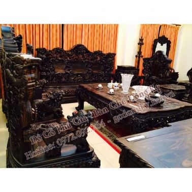 Bộ bàn ghế kiểu rồng khay gỗ mun sừng